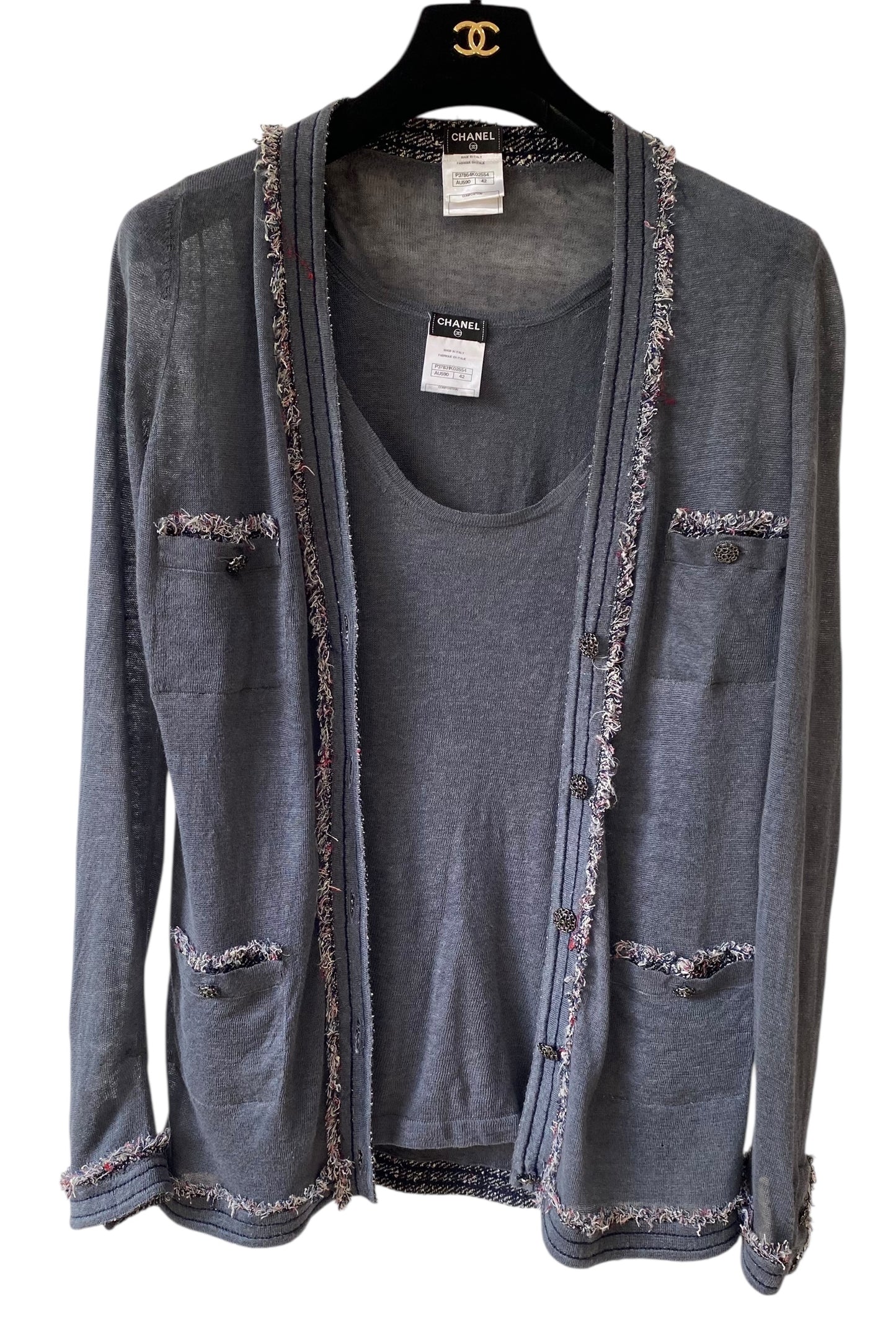 Chanel Blue Linen Tweed Trim Blouse and Cardigan TwinSet FR 42