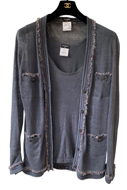 Chanel Blue Linen Tweed Trim Blouse and Cardigan TwinSet FR 42
