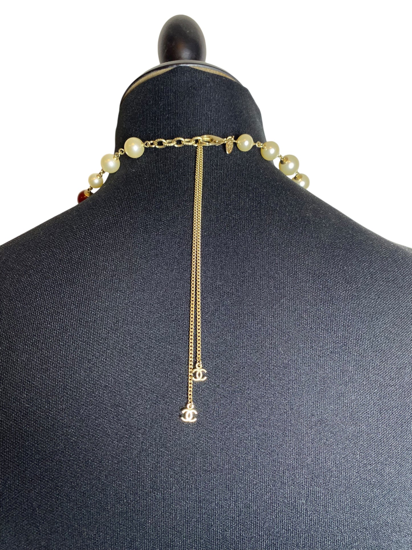 Chanel 13A Paris-Edinburgh Double Strand Red Gold Large CC Tweed Pearl Necklace Belt