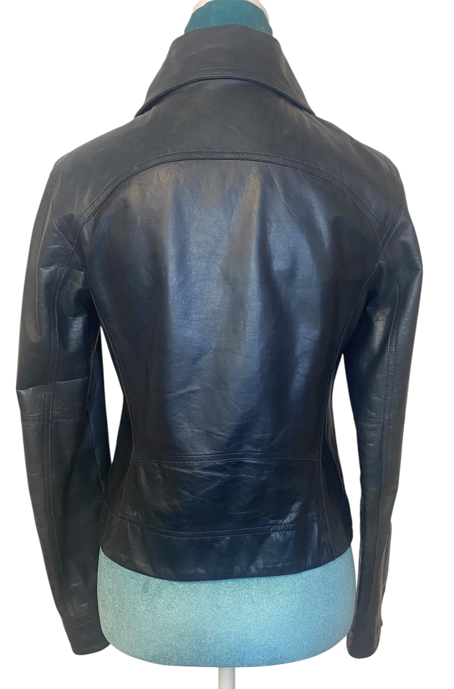 Chanel 12P Navy Blue Petrol Quilted Leather Biker Jacket FR 36
