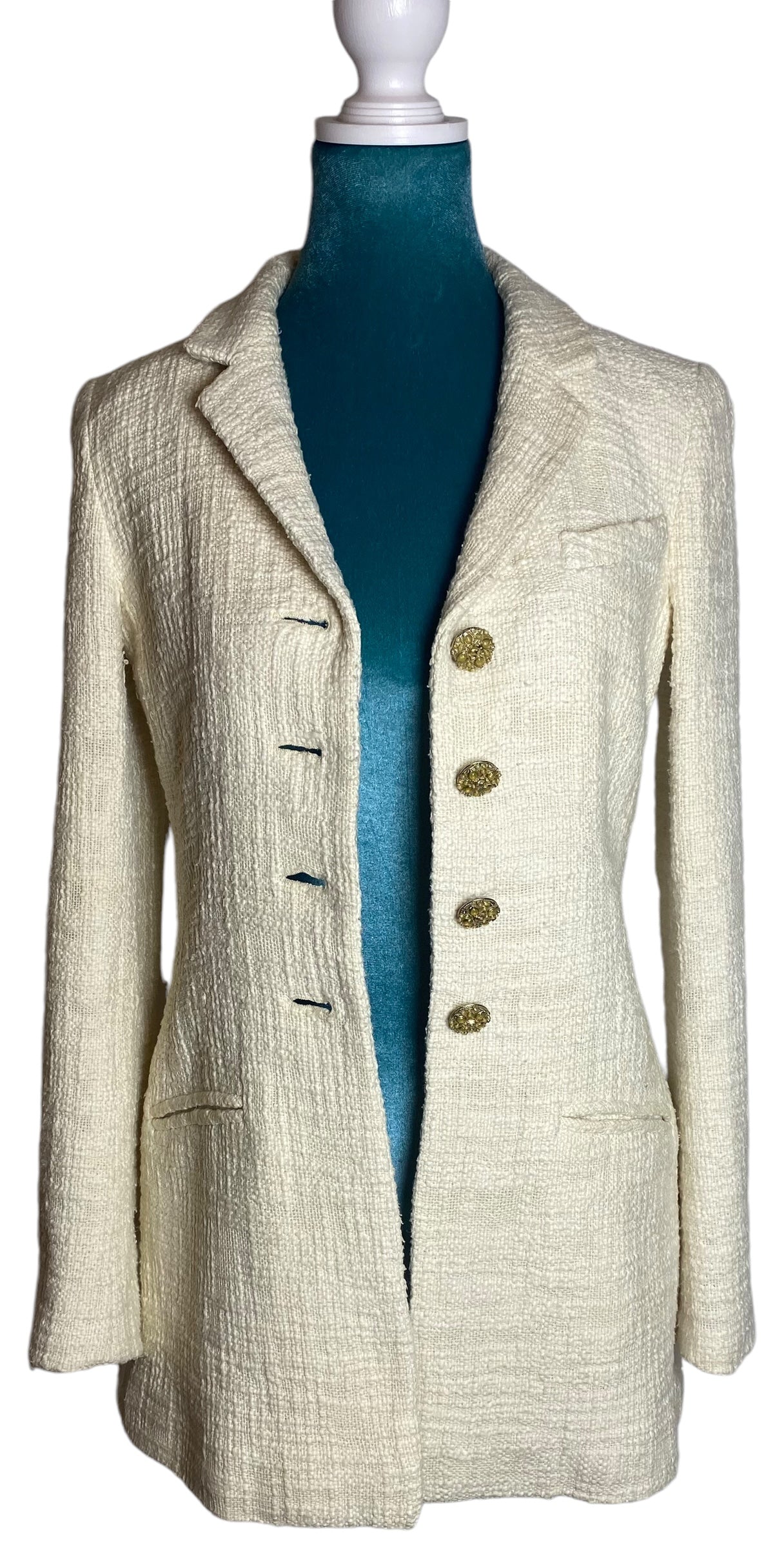 Chanel 12A Paris-Bombay Runway Ivory Ecru Cotton Tweed Blazer Long Jacket FR 38