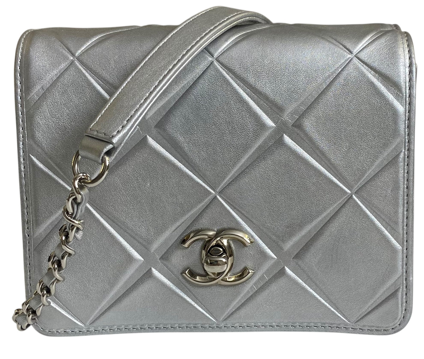 Chanel Airlines 16P Mini Propellor Metallic Calfskin Silver Flap Bag