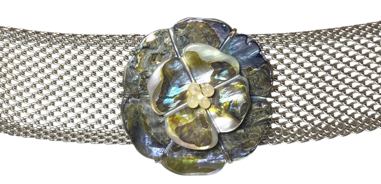 Chanel 98A Mother Of Pearl MOP 3 Camellia Silver Plated Metal Chain Belt