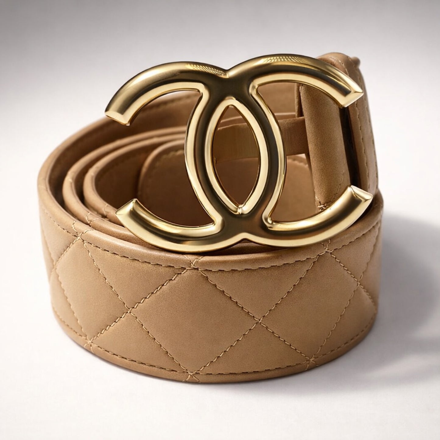 Chanel 14C Beige & Gold CC Buckle Quilted Lambskin Belt Size 85/34