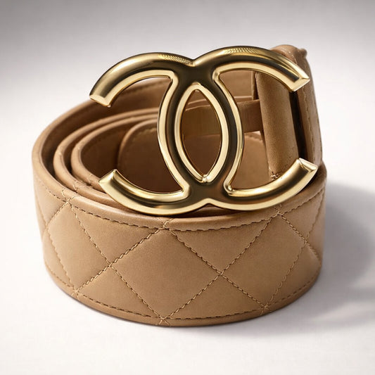 Chanel 14C Beige & Gold CC Buckle Quilted Lambskin Belt Size 85/34