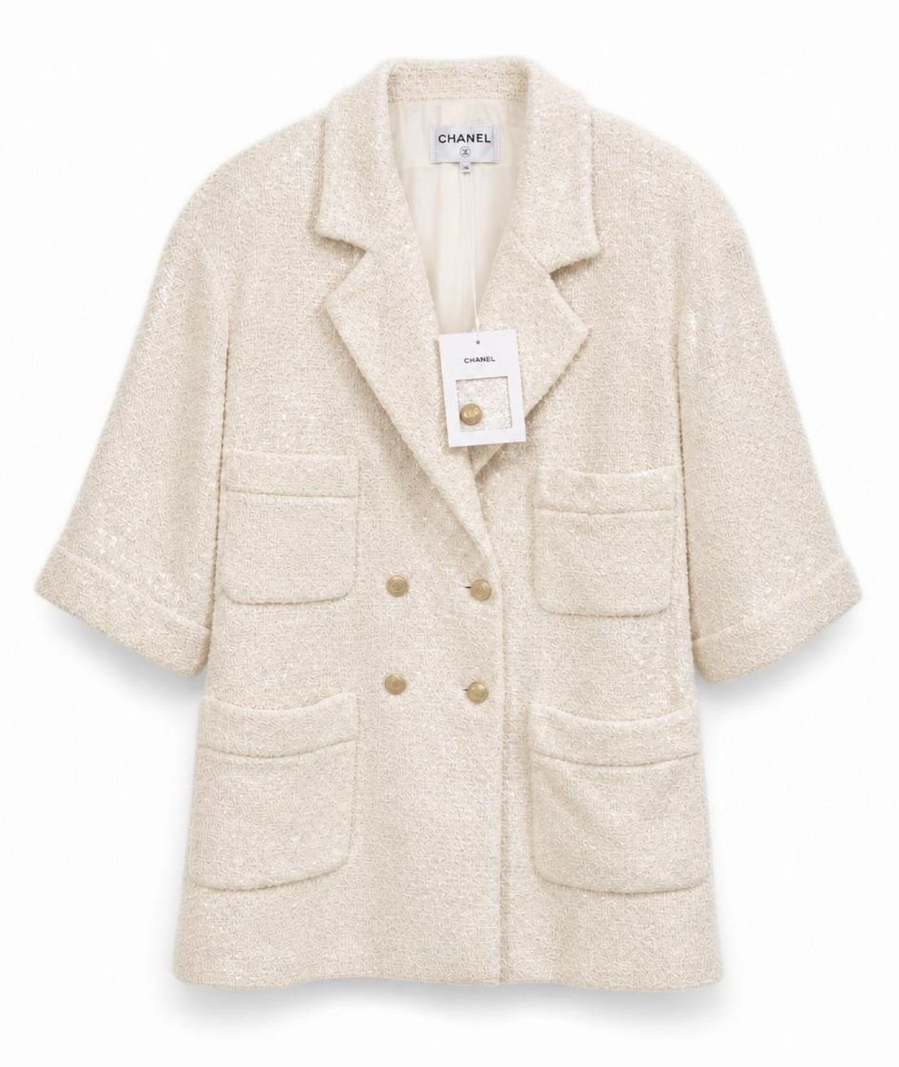 NWT Chanel 22S Runway Ecru Tweed Iridescent Boucle Coat Dress Jacket FR 42