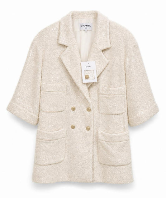 NWT Chanel 22S Runway Ecru Tweed Iridescent Boucle Coat Dress Jacket FR 42