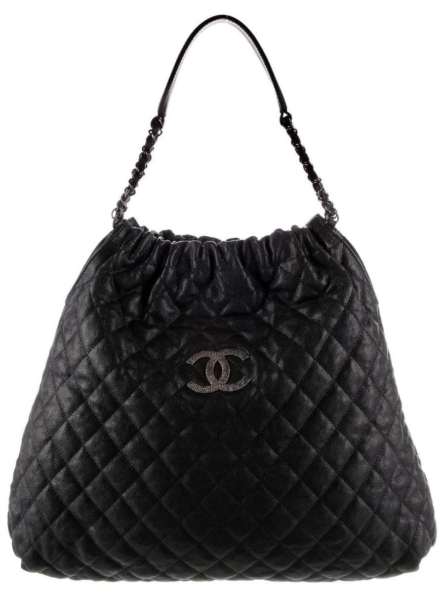 Chanel 10A Large Black Caviar Quilted Elastic Tote Shoulder Bag
