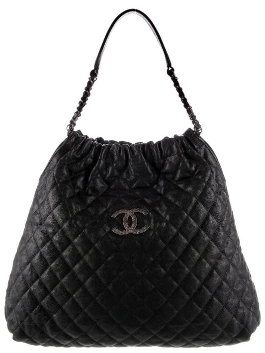 Chanel 10A Large Black Caviar Quilted Elastic Tote Shoulder Bag