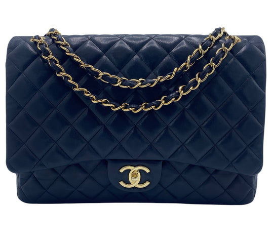 Chanel Maxi Dark Navy Lambskin Timeless Classic Double Flap Bag Gold Hardware GHW