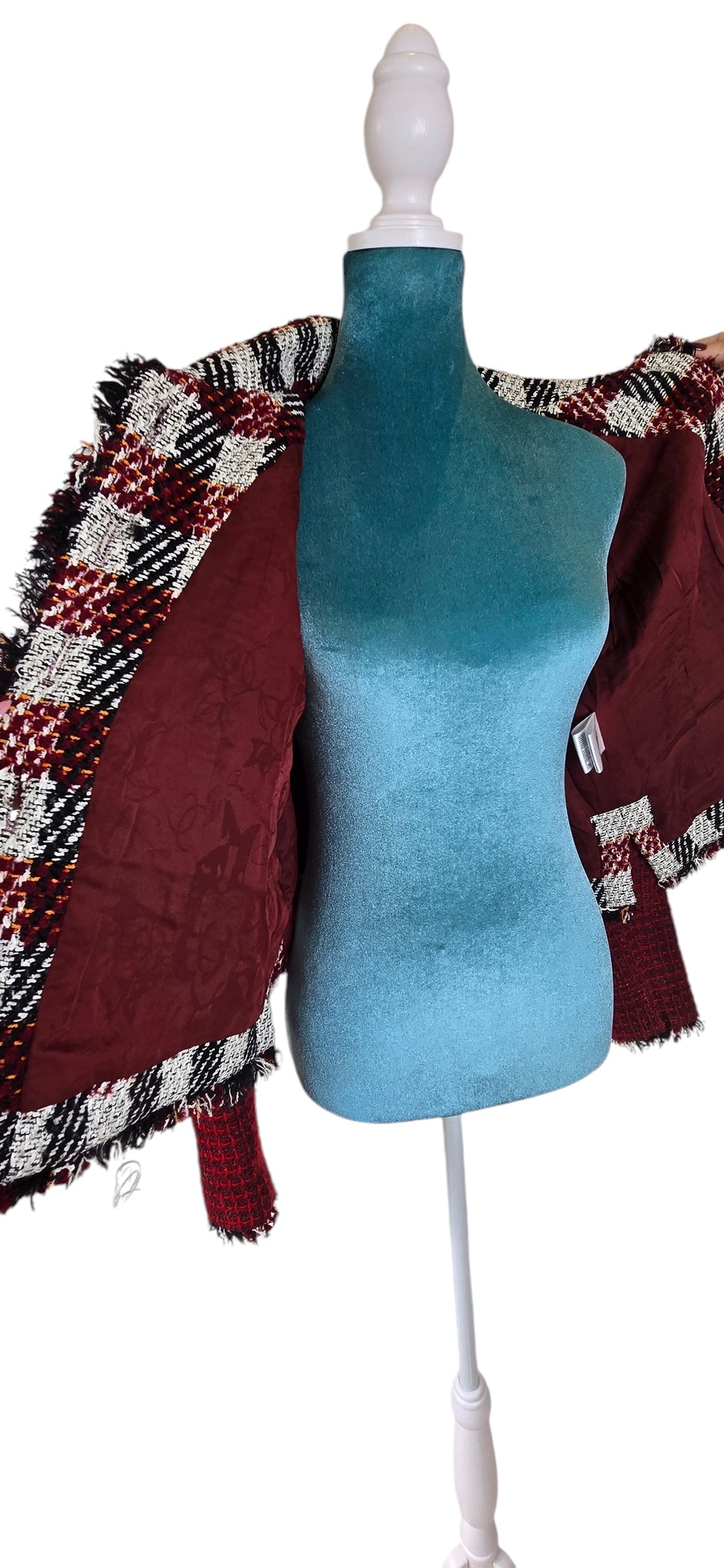 Chanel 16A Runway Burgundy Plaid Tweed Fringe Jacket FR 40