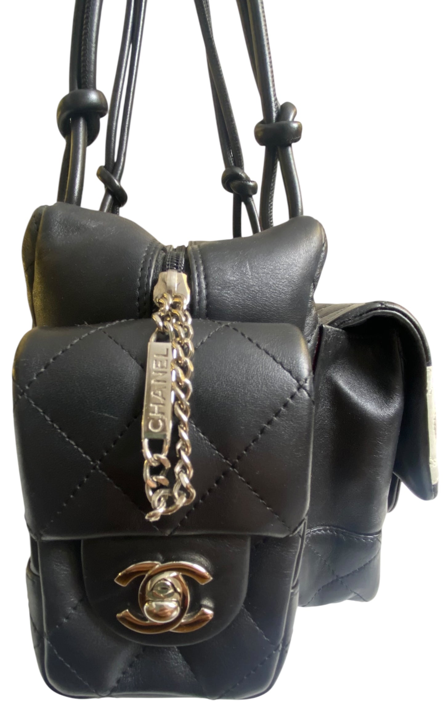 Chanel 2005 Small Cambon Reporter Black White Lambskin Handbag SHW