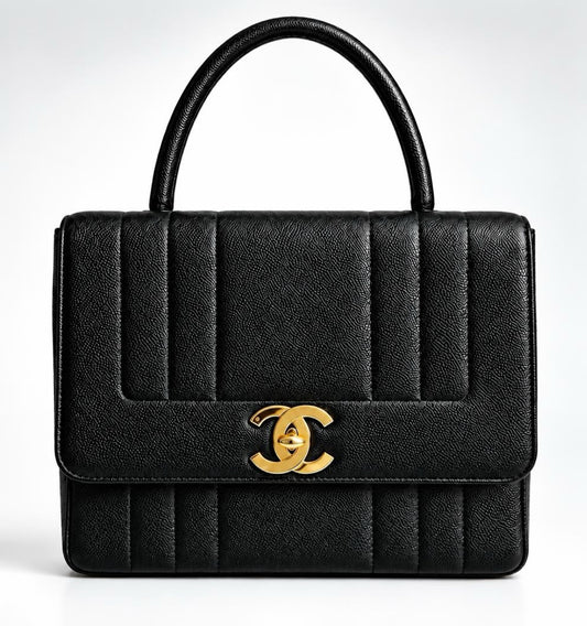 CHANEL VINTAGE 90s BLACK CAVIAR JUMBO KELLY VERTICAL FLAP BAG 24K GHW