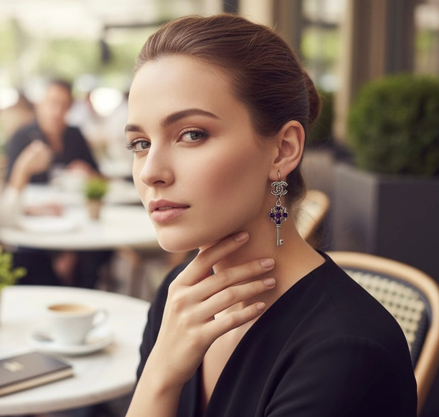 Chanel 17A Ritz Cosmopolite CC Key Dangle Drop Silver Pierced Earrings