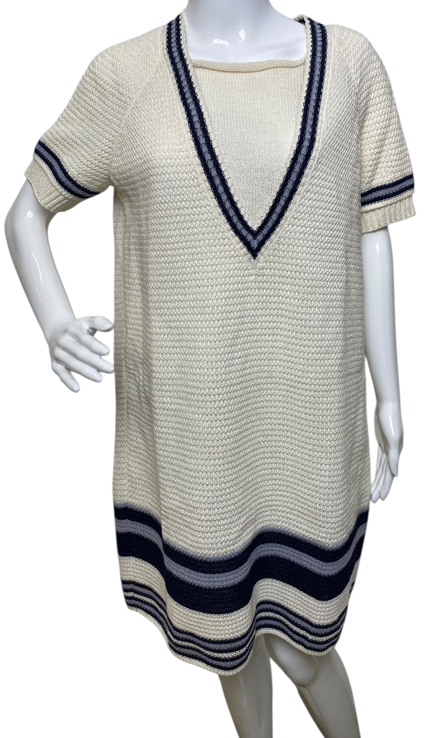Chanel 14C Ecru Navy Black Varsity Knit Dress FR 44