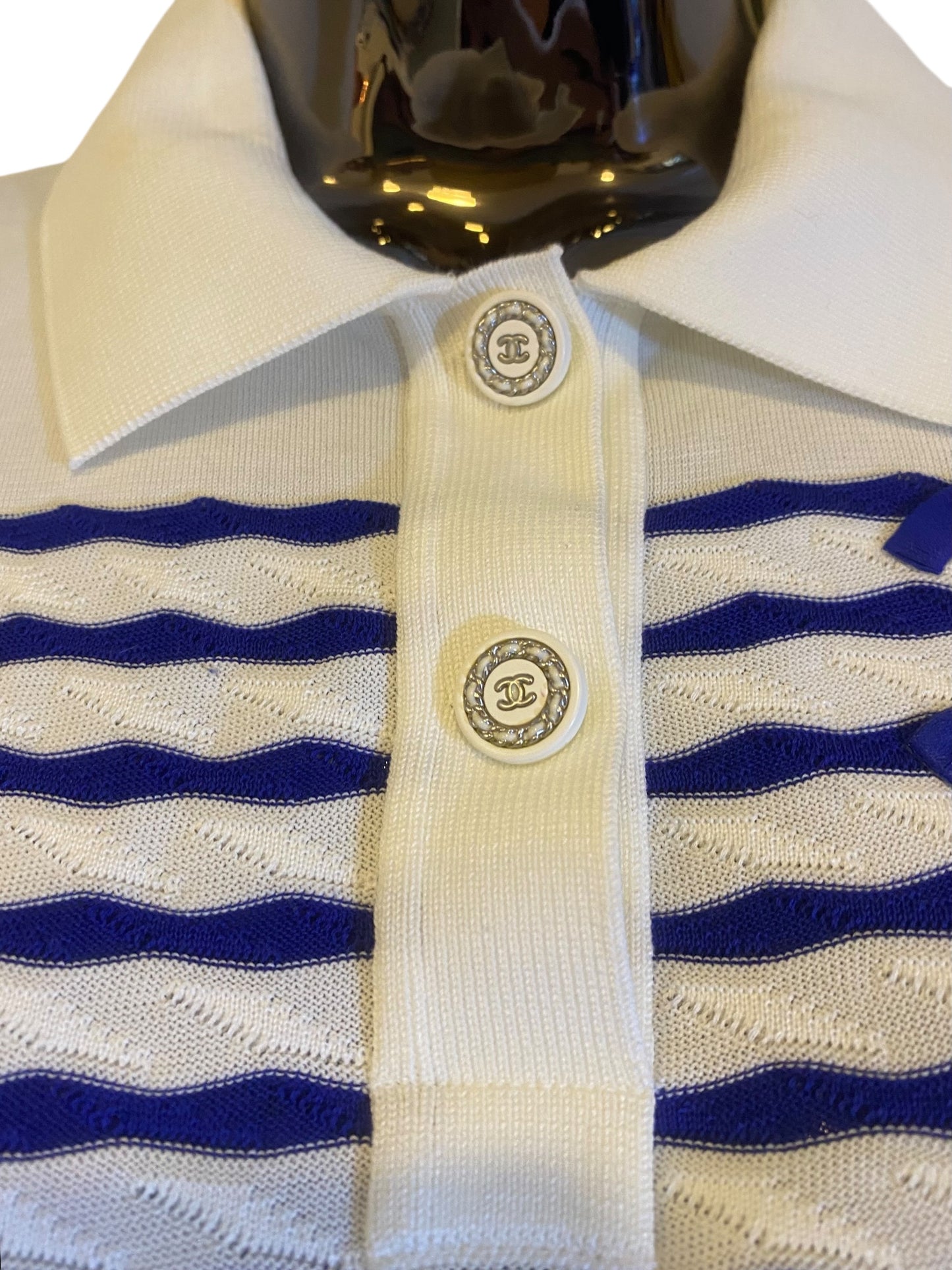 Chanel 19C La Pausa Cotton CC Logo Polo T-Shirt Stripe Blue White FR 36