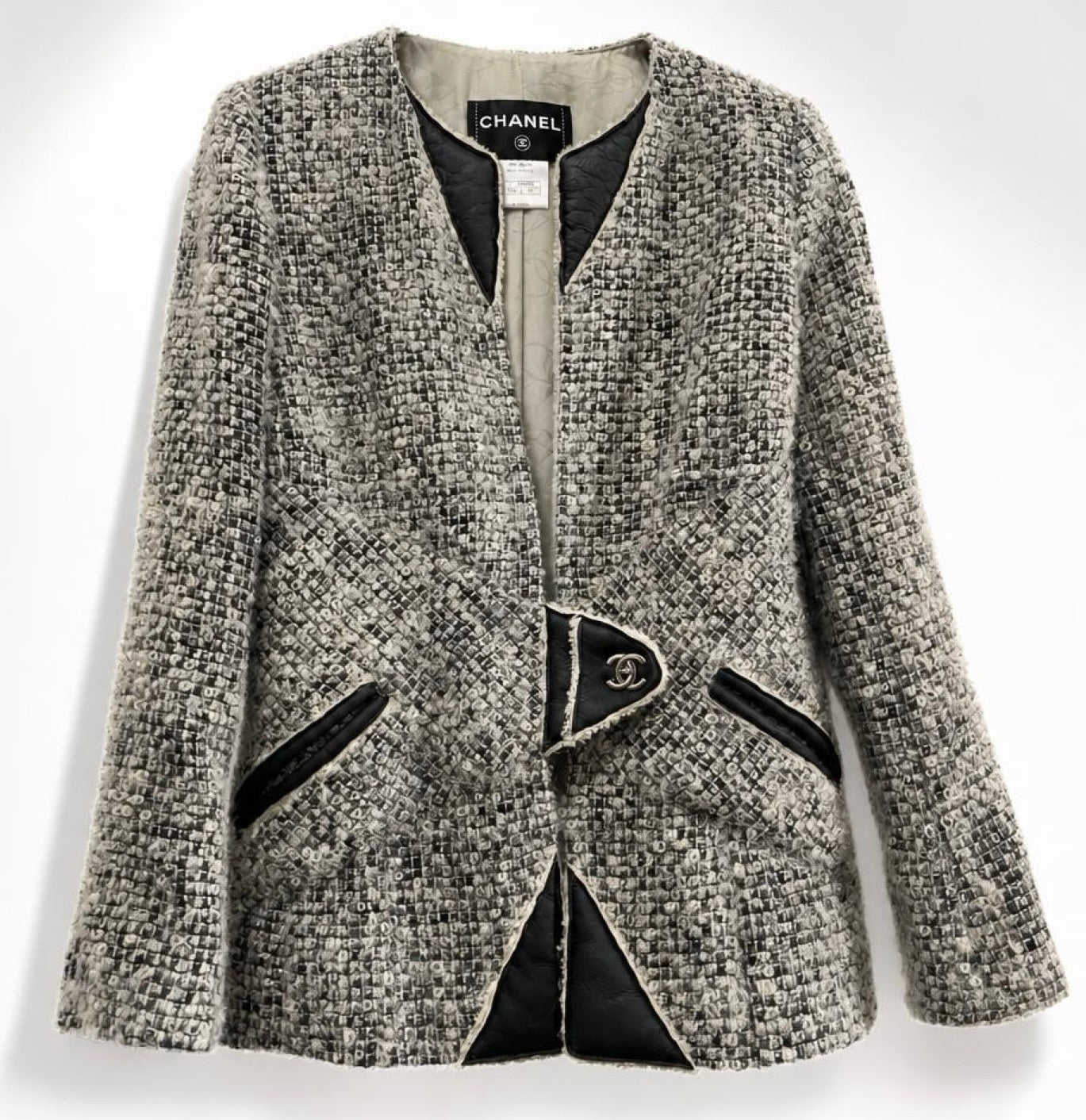 Chanel 10A Shanghai Shearling Tweed CC Grey Black Jacket Coat FR 36