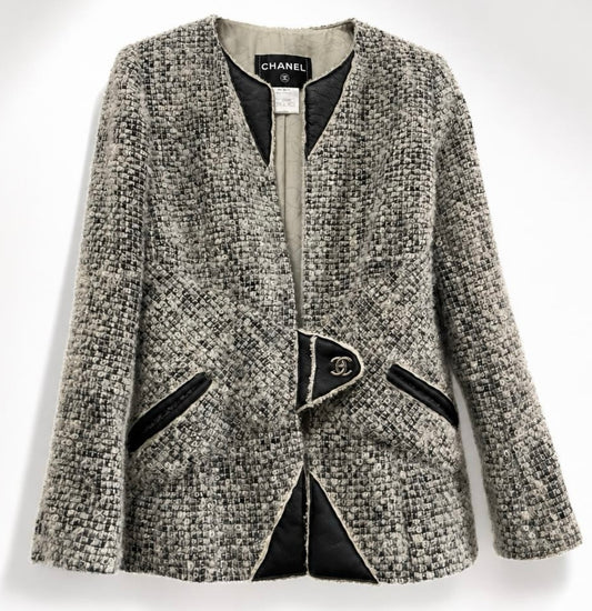 Chanel 10A Shanghai Shearling Tweed CC Grey Black Jacket Coat FR 36