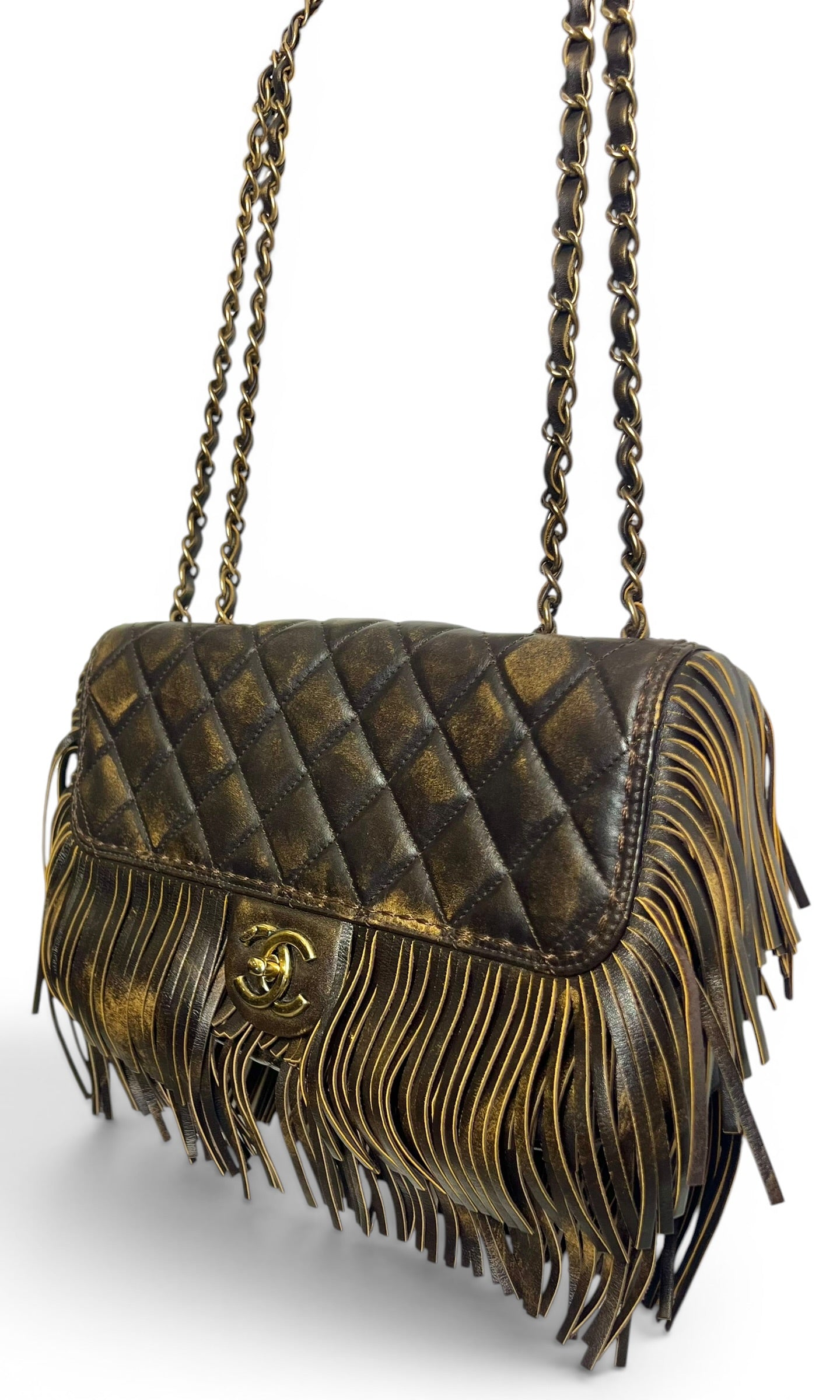 Rare Chanel 14A Paris Dallas Medium Brown Metallic Leather Fringe Classic Flap Bag