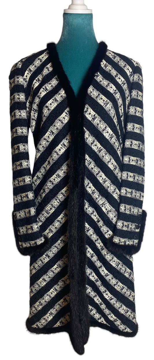 Chanel 04A Black White Tweed Midi Coat Mink Fur Trim FR 40
