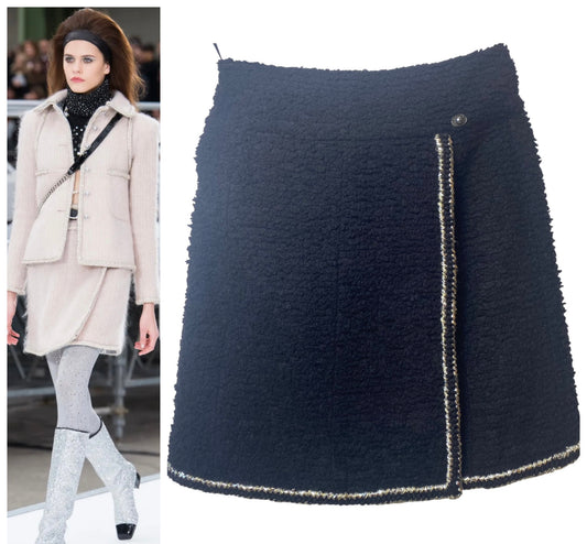 Chanel 17A Paris Black Wool Silver Metallic Trim Skirt FR 36