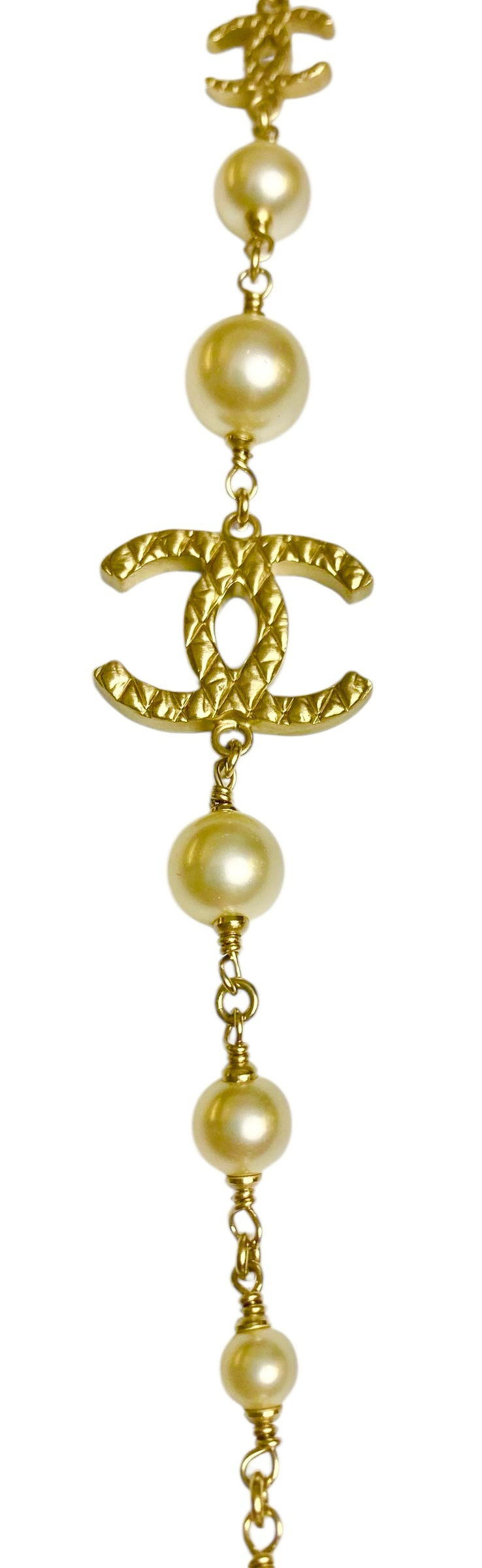 Chanel 10A Shanghai Extra Long 8 CC Logo Pearl Gold Strand Necklace