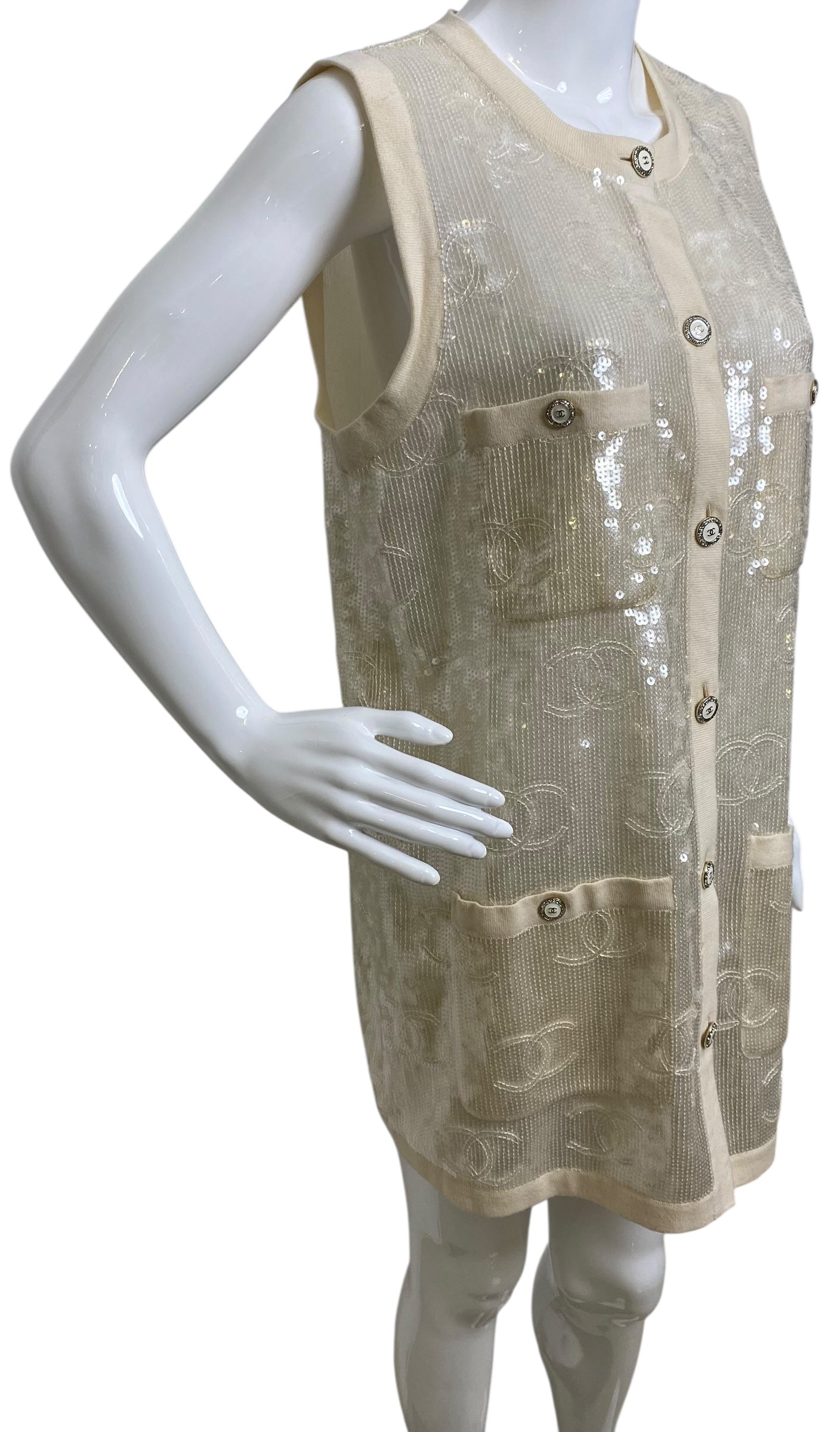 Rare Chanel 22S CC Sequin Cream Iridescent Vest Mini Dress Waistcoat Cardigan FR 40