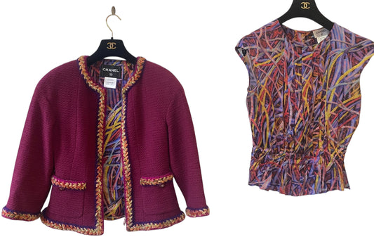 Chanel 14A Supermarket Collection SET Raspberry Pink Jacket & Blouse FR 38