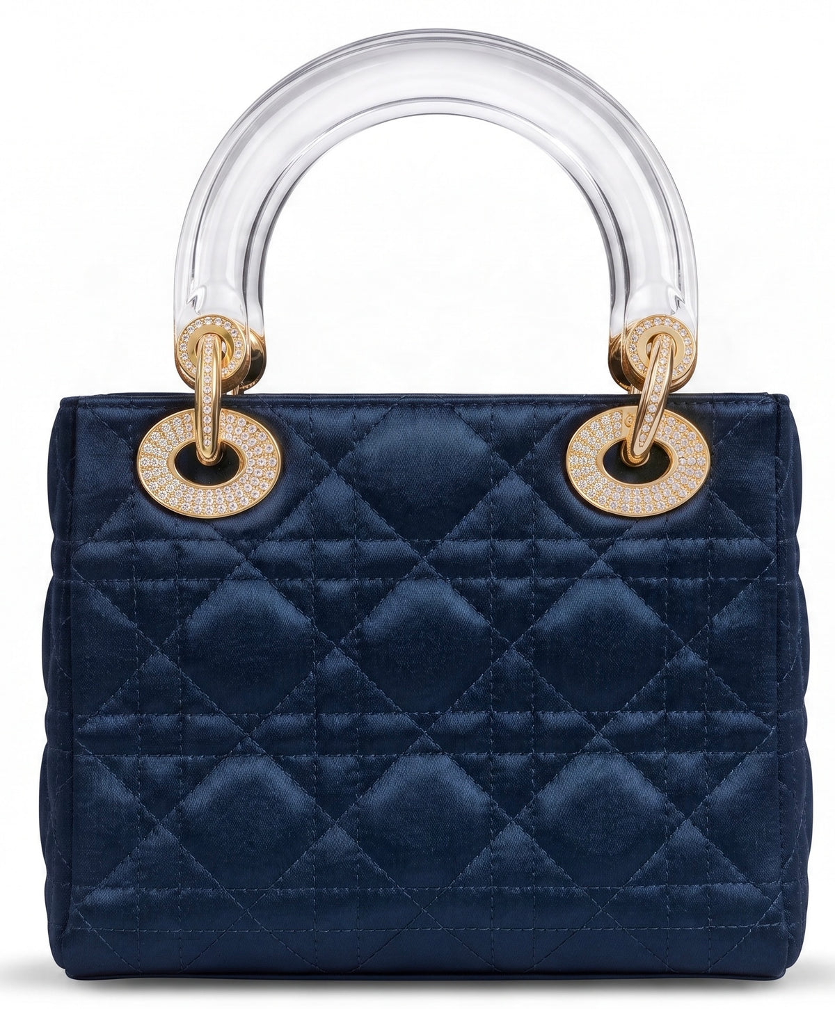 Ultra Rare Vintage 1999 Mini Lady Dior Navy Blue Gold Crystals Lucite Silk Handbag