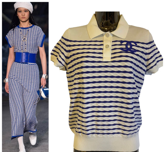 Chanel 19C La Pausa Cotton CC Logo Polo T-Shirt Stripe Blue White FR 36
