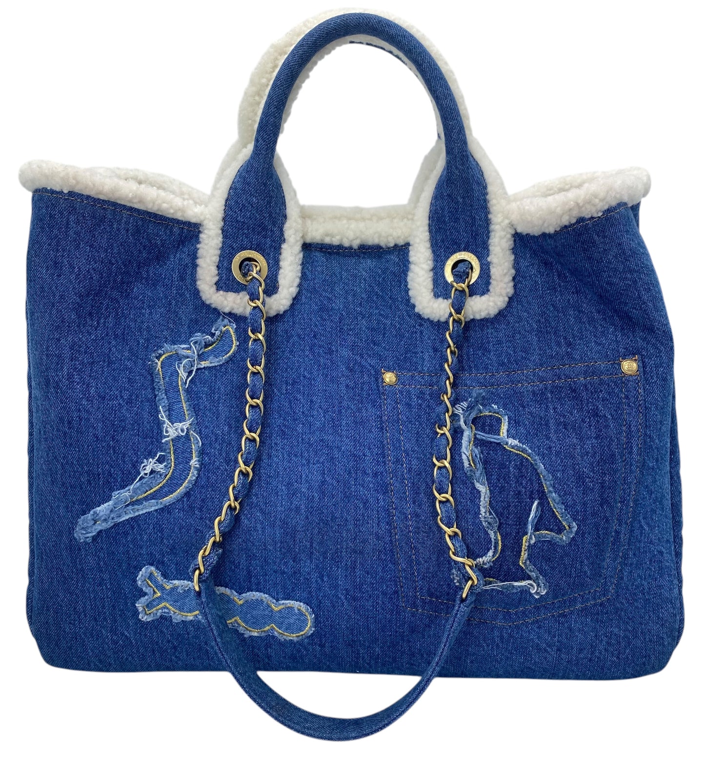 Chanel 19A Paris-New York Egypt Blue Denim & Shearling Hieroglyph Coco Shopping Tote