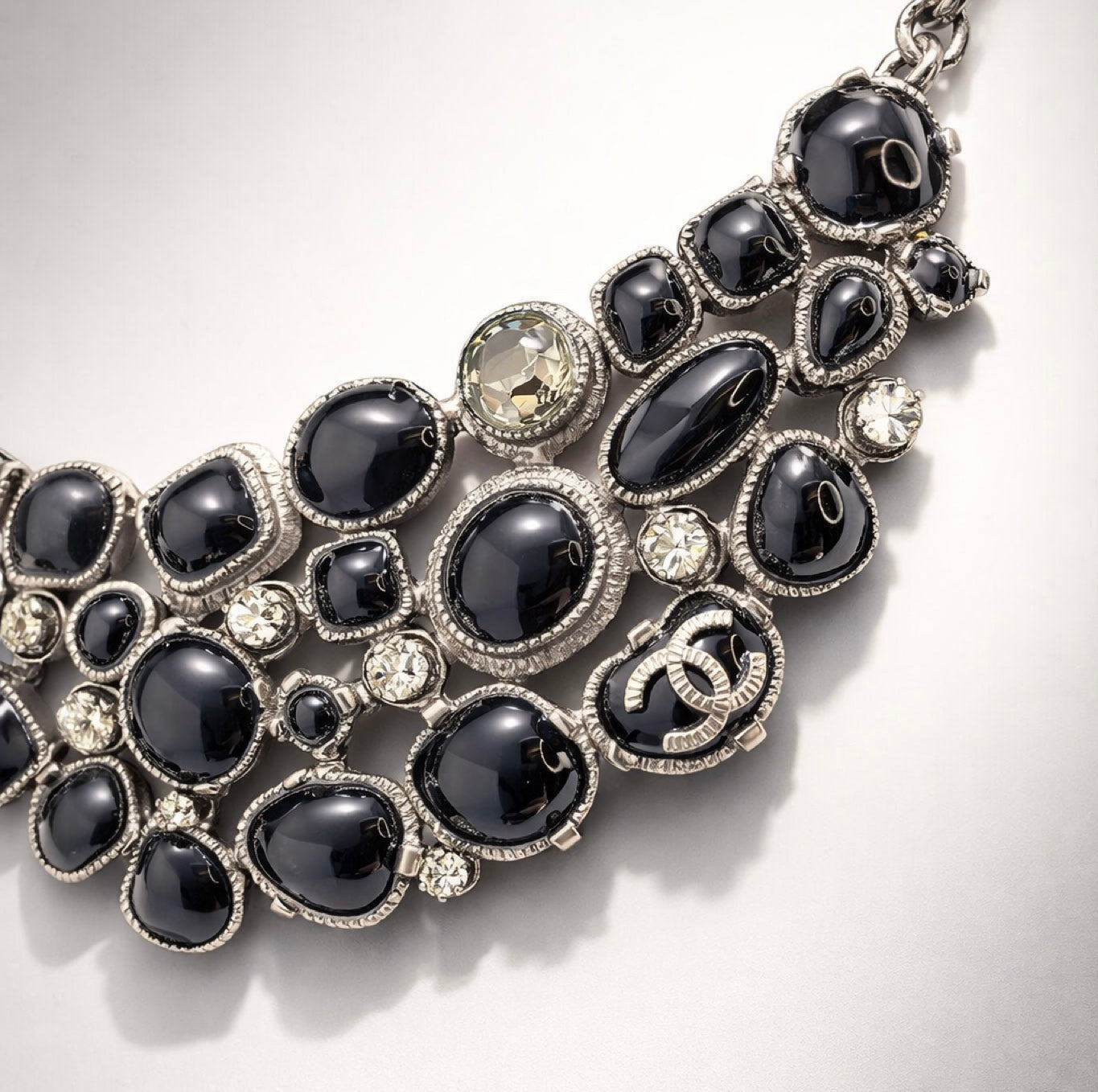 Rare Chanel 08A Black Crystals CC Gripoix Statement Bib Collar Necklace