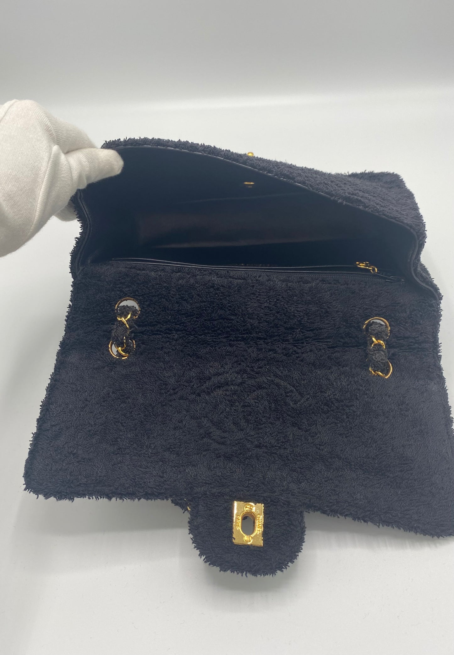 Rare Chanel 1994 Medium Black Terry Cloth Flap Bag