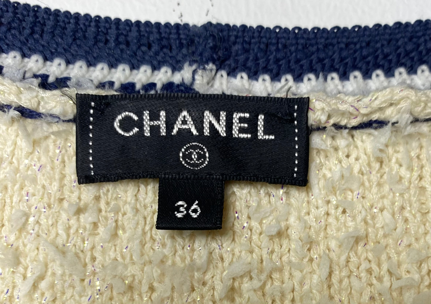 Chanel 19P Ivory and Navy Fantasy Tweed Short Sleeve Dress FR 36