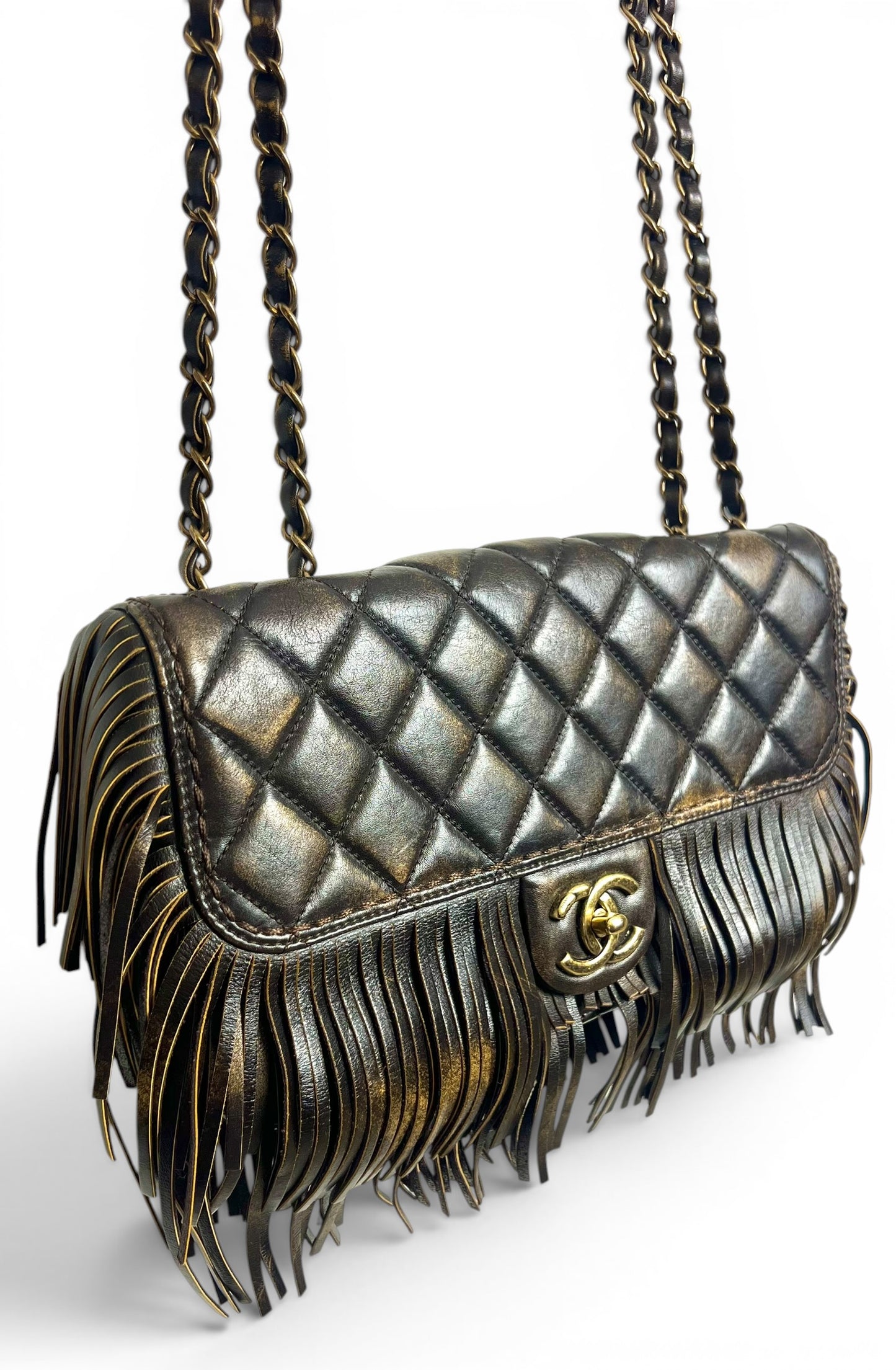 Rare Chanel 14A Paris Dallas Medium Brown Metallic Leather Fringe Classic Flap Bag