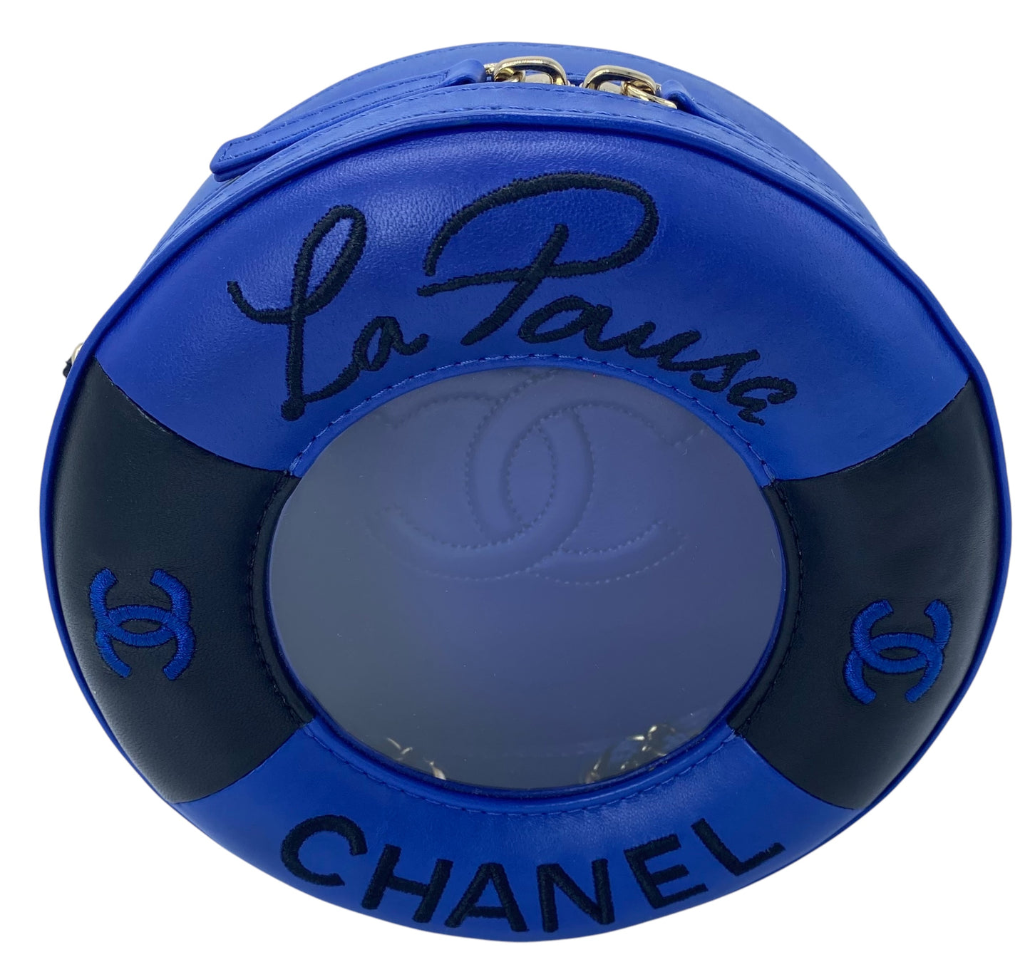 CHANEL 19C LA PAUSA COCO LIFESAVER MINAUDIÈRE BAG BLUE & BLACK WITH CHAMPAGNE GOLD HARDWARE