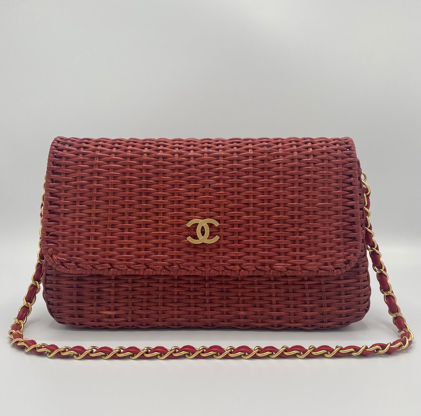 Chanel Extremely Rare 2001 Spring Red Wicker Basket Classic Flap Handbag with Matte Gold Hardware