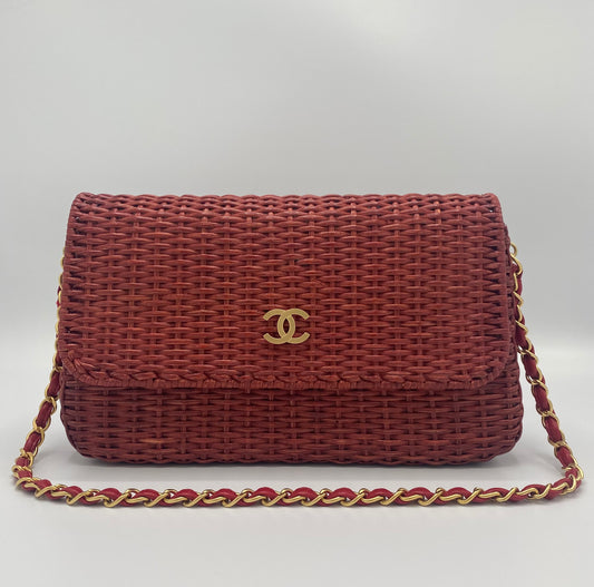Chanel Extremely Rare 2001 Spring Red Wicker Basket Classic Flap Handbag with Matte Gold Hardware