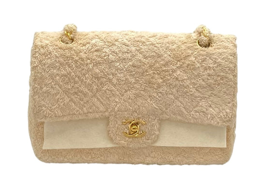 Rare Chanel 90’s Vintage Ecru Terry Cloth Medium Classic Flap Bag