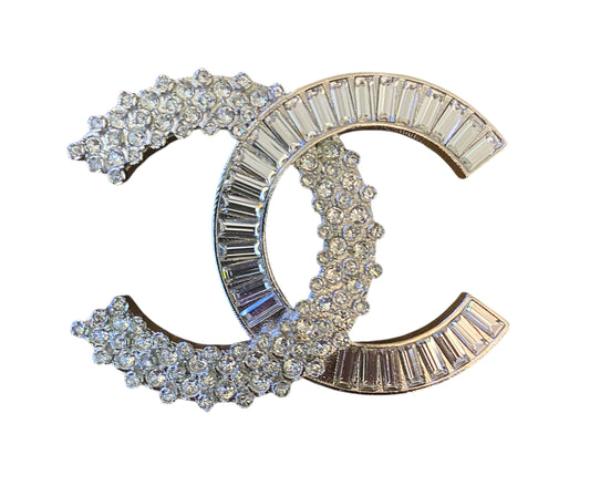 Chanel 2019 Large Silver Crystal Embellished CC Brooch