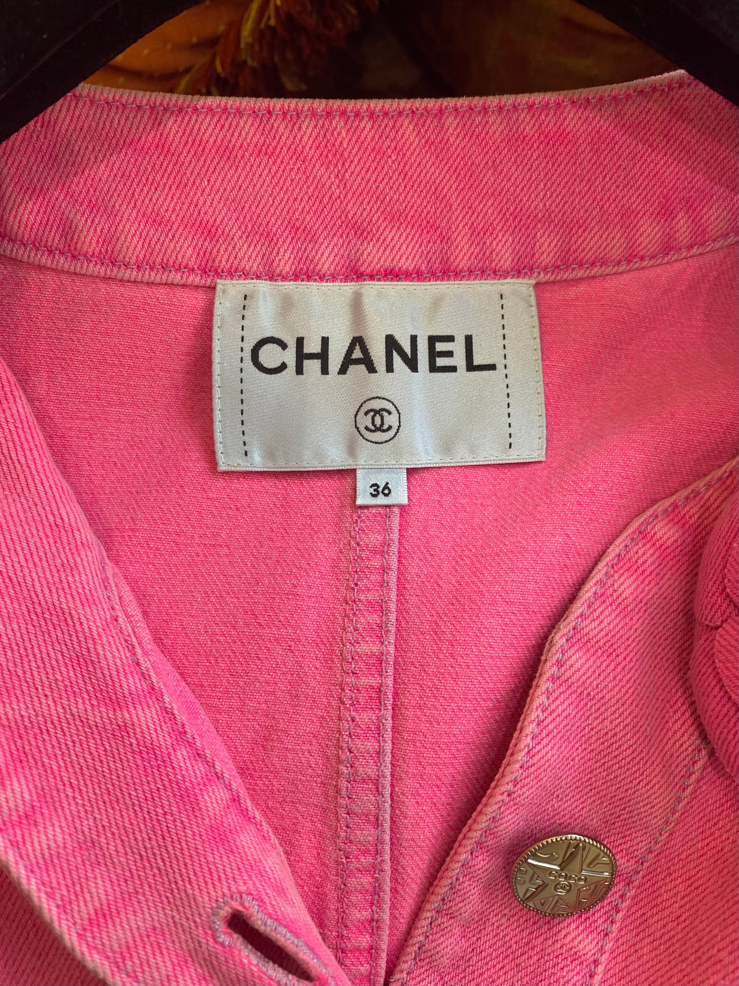 Chanel 21S Two Camellia Bright Neon Pink Denim Jacket FR 36