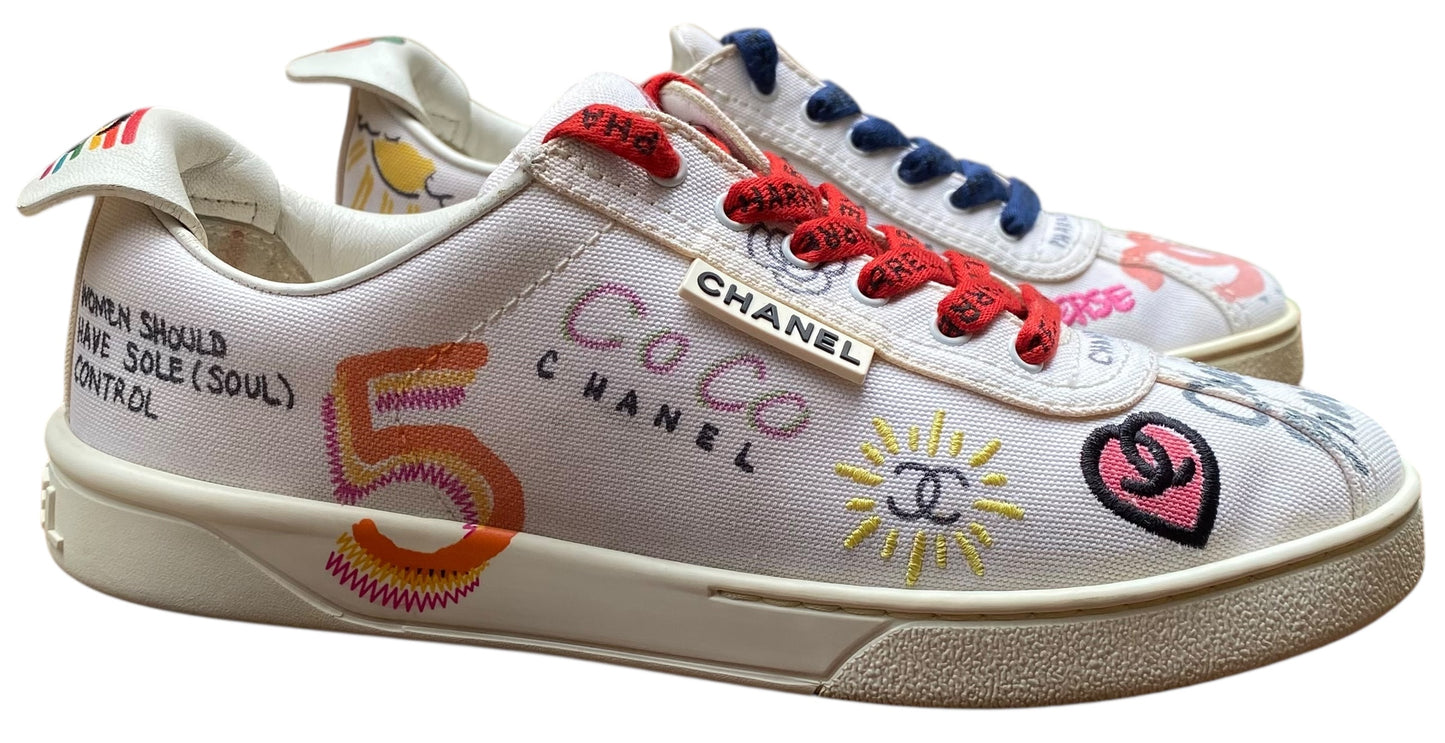 CHANEL X PHARRELL WILLIAMS Canvas Womens White Multicolor Sneakers EU 37