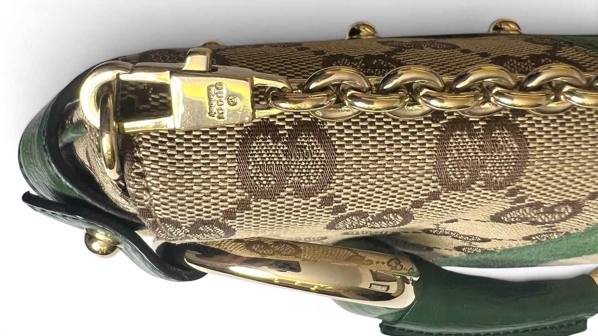 Gucci Large 1955 Tom Ford Classic Green Ivory GG Monogram Horsebit Clutch Handbag GHW