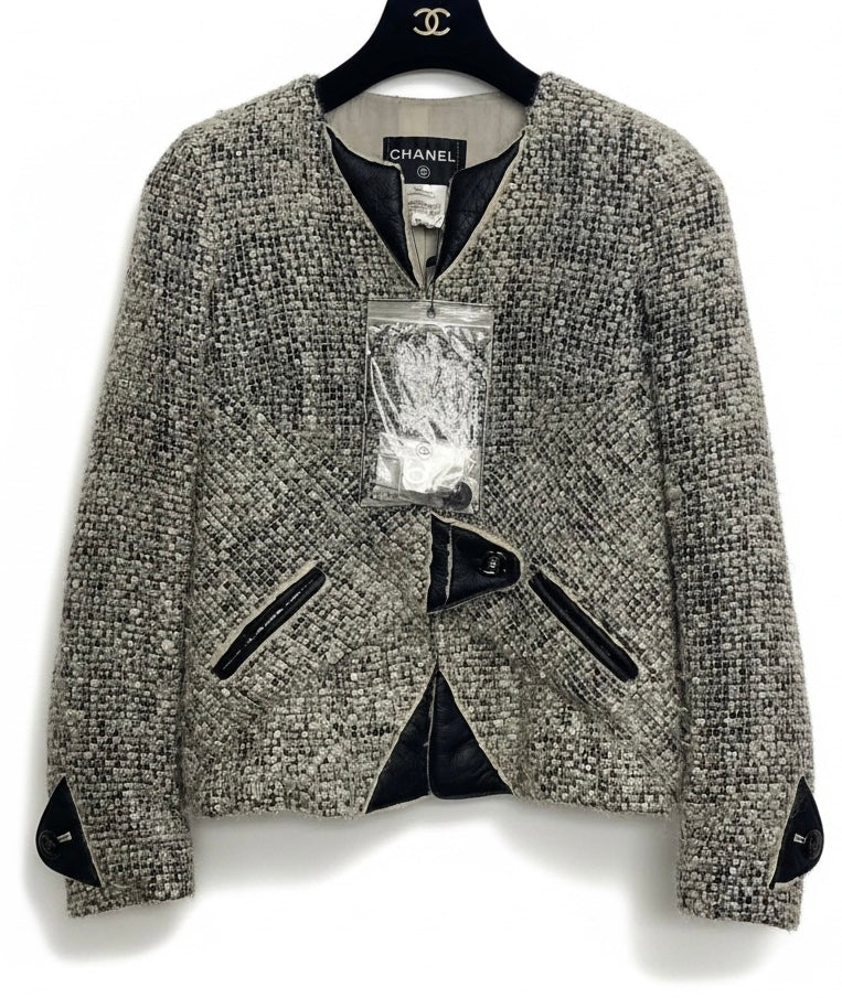 Chanel 10A Shanghai Shearling Tweed CC Grey Black Jacket Coat FR 36