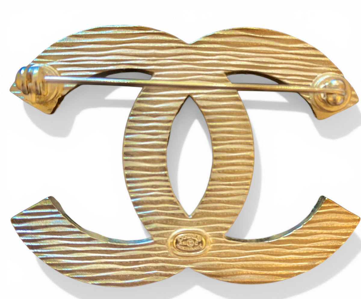 Chanel 19C La Pausa Large Gold Blue Stripe CC Brooch