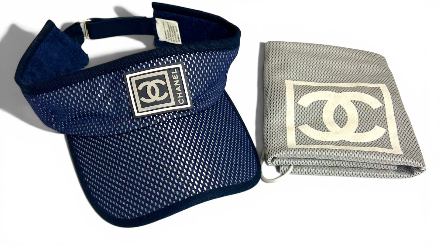 Chanel 2003 Navy Blue Terry CC Logo Sport Tennis Sun Visor Hat Cap
