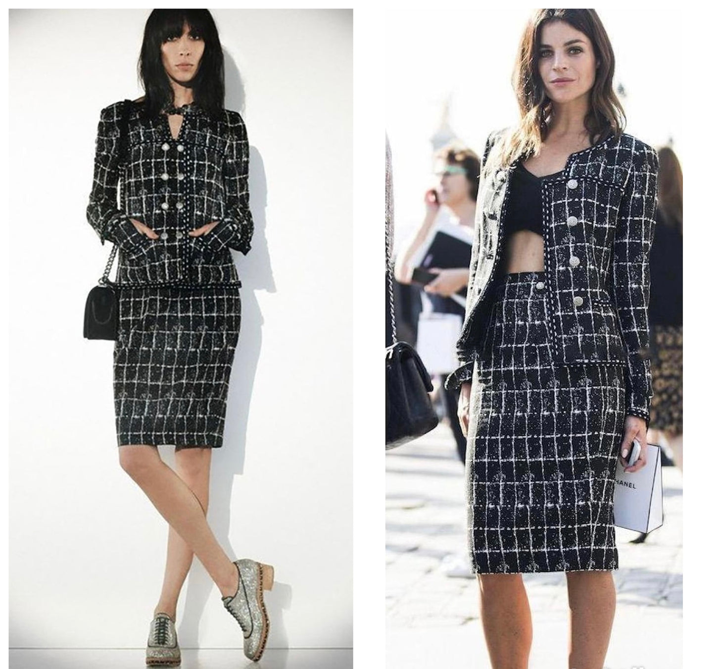 Chanel 14P Black White Grid Tweed Braided Trim Double Breasted Collarless Jacket FR 36