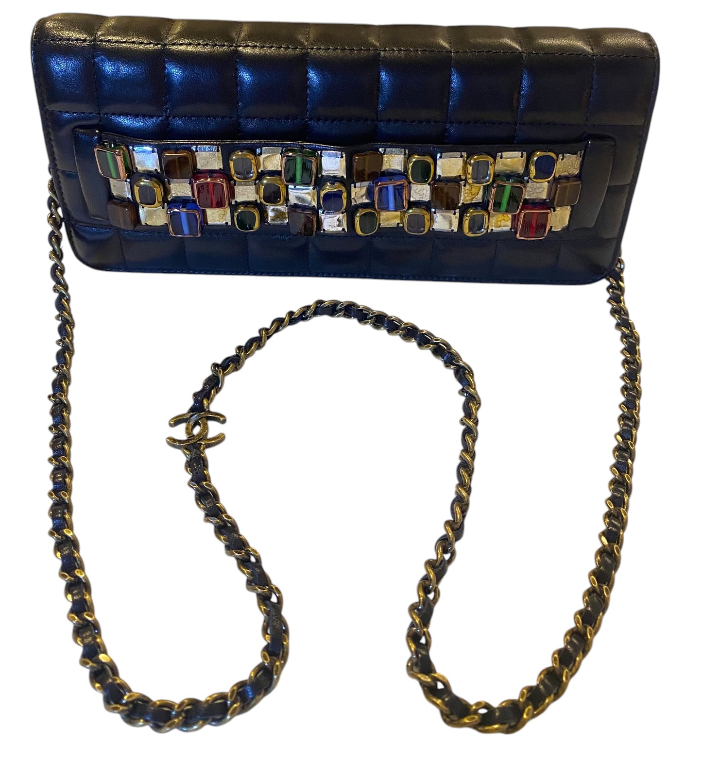 Chanel 11A Paris-Byzance Black Chocolate Bar Lambskin Leather Jeweled Clutch Minaudière Bag