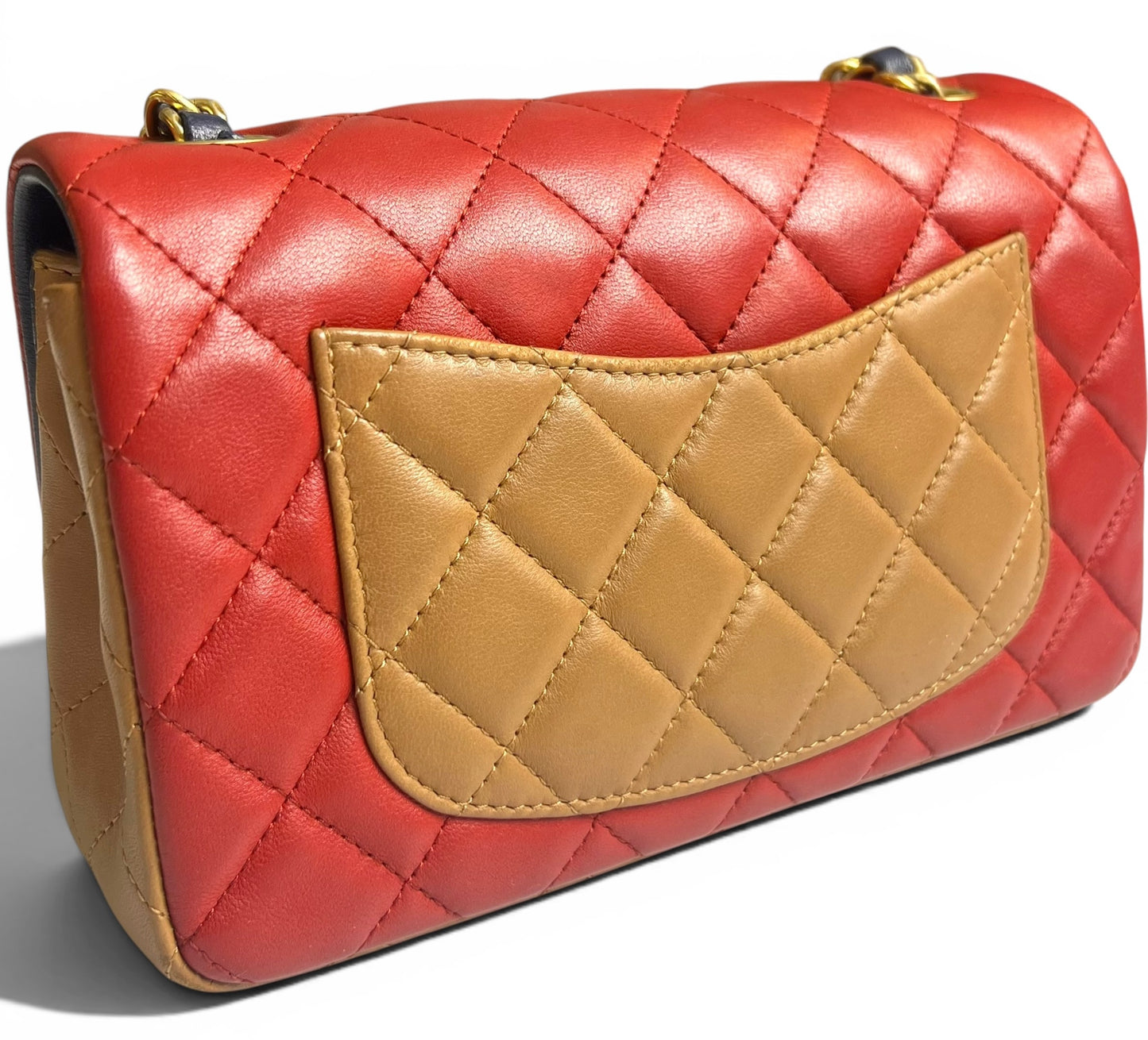 Rare Chanel 13A Edinburgh Tricolor Navy Red Caramel Quilted Lambskin Mini Classic Flap Bag GHW