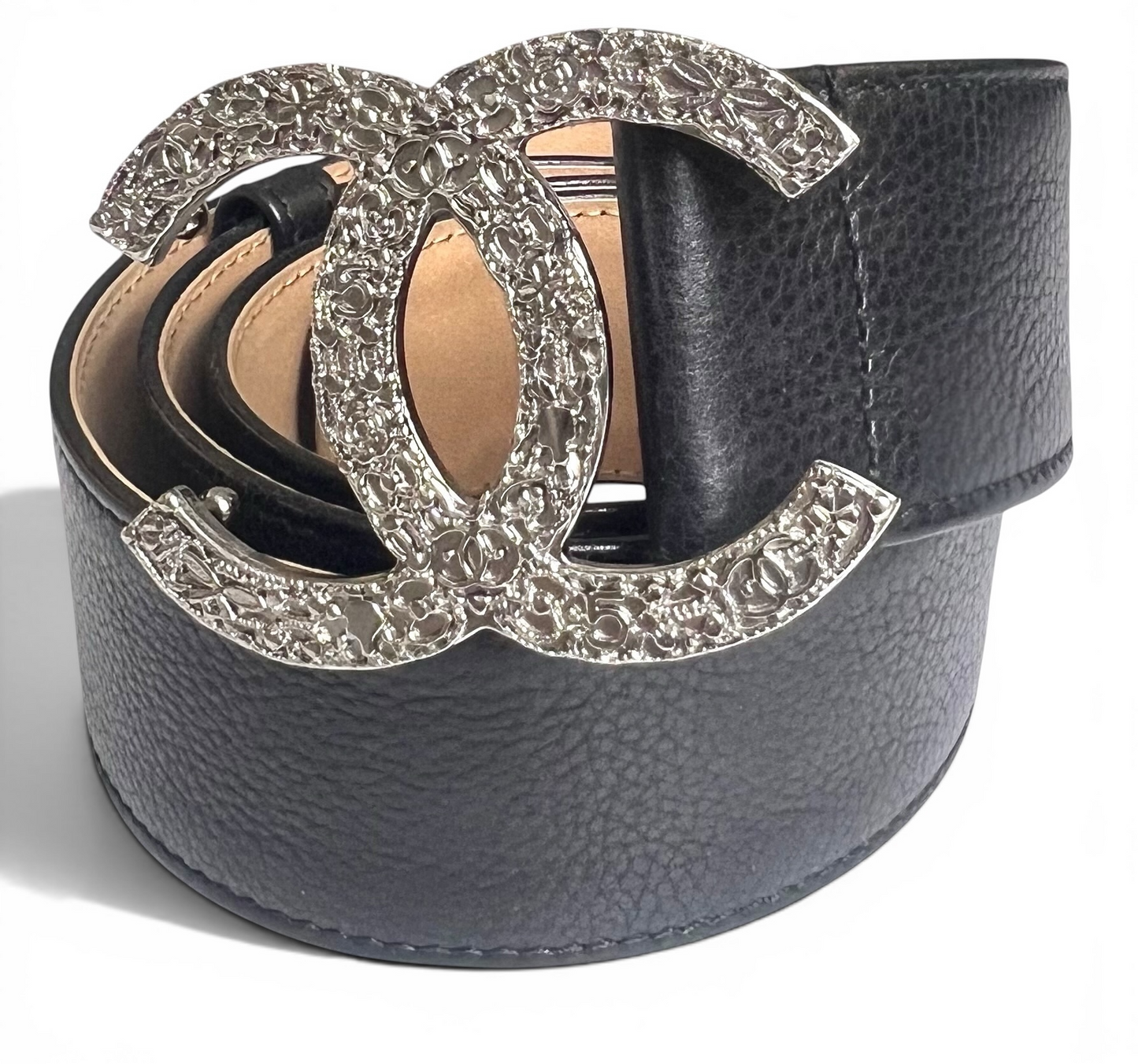 Chanel 08A London Black Caviar Leather Silver CC Charm Emblems Belt Size 95/38